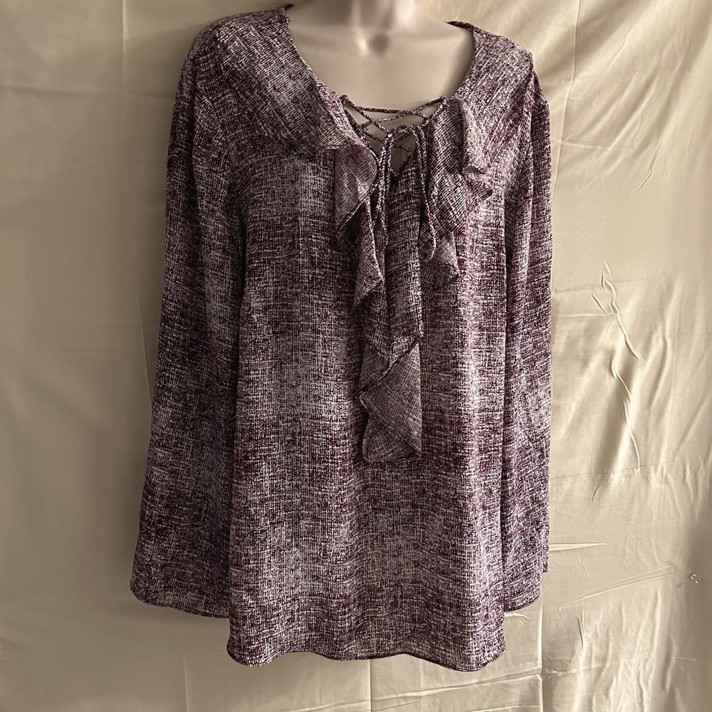 New 18/20 W Cato Women Blouse V-Neck Tie Lace-Up Ruffle Abstract Top #1789*8